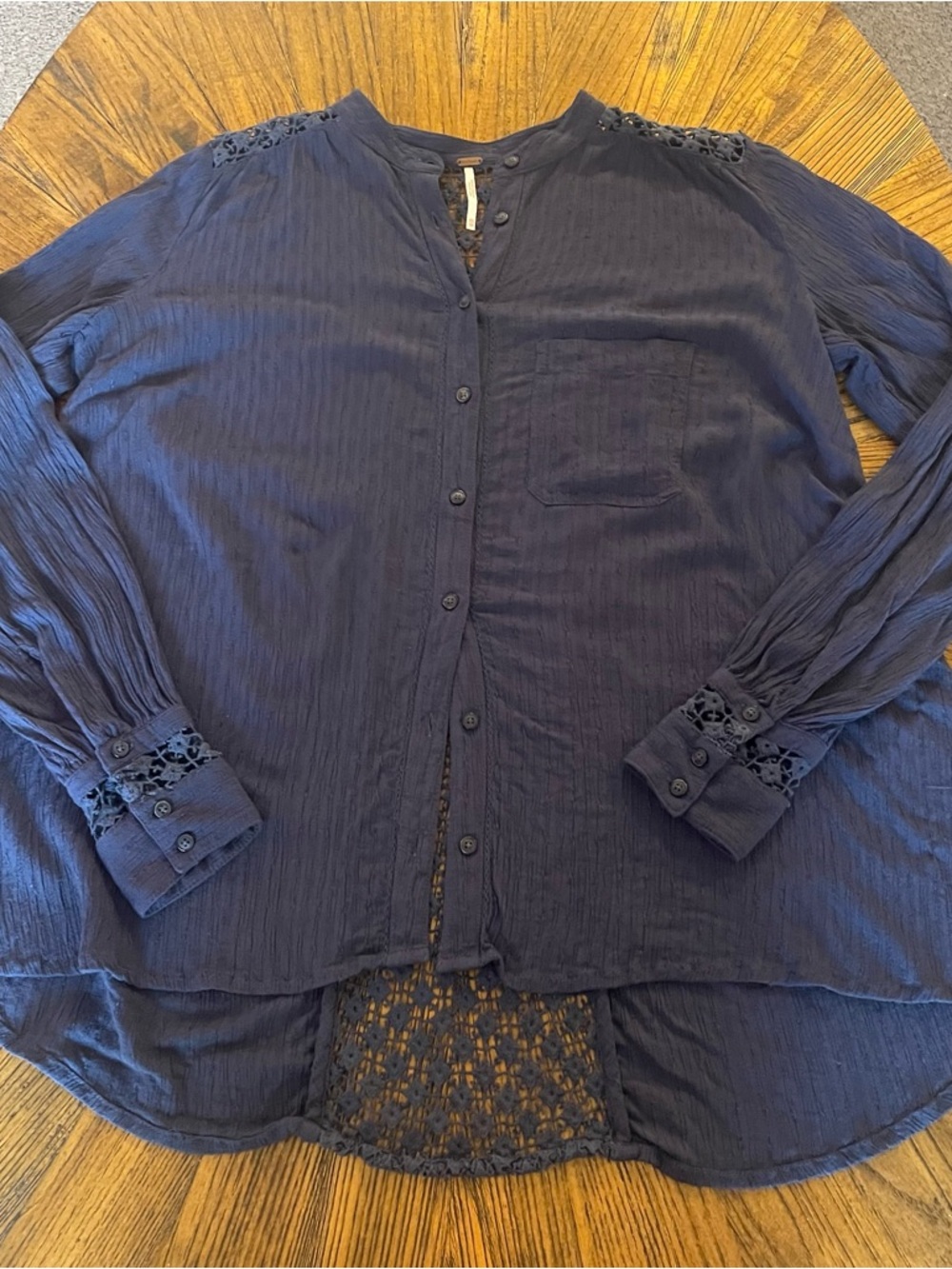 Free People Deep Navy Button-Front Lace-Trim Blouse